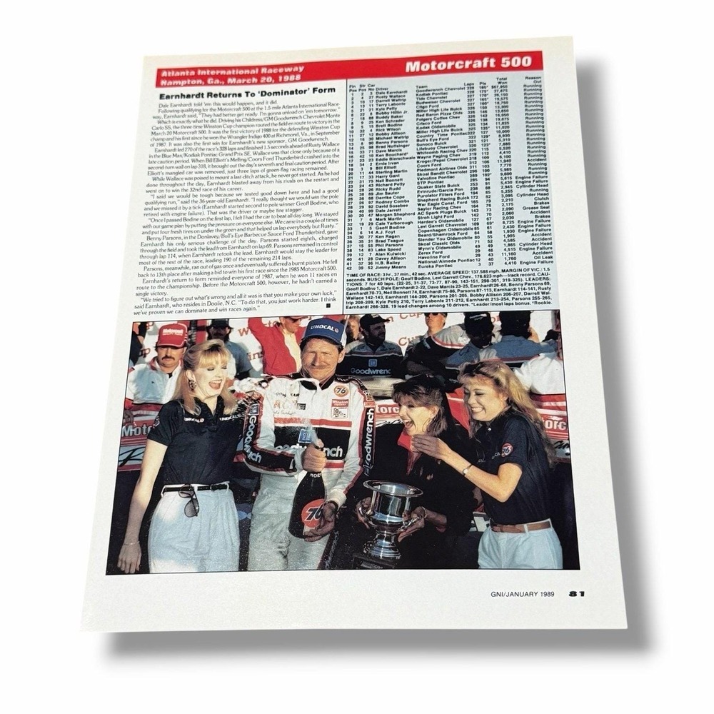 1989 Original Article Dale Earnhardt Sr 1988 Win at Atlanta Motorcraft 500 AE